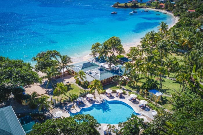 Overhead shot of the poolside at Bequia Beach Hotel